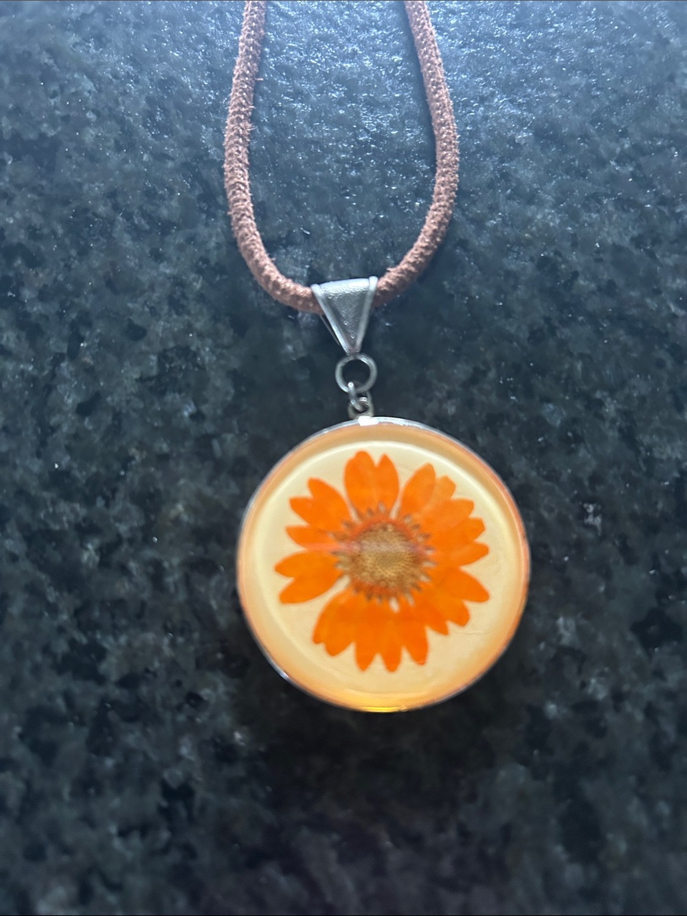Orange Resin Flower Pendant Necklace with Brown Cord - Picture 6 of 8